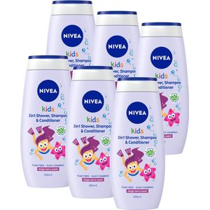 NIVEA Kids 2in1 Shower & Shampoo - Bessen geur - Voordeelverpakking - 6 x 250 ml