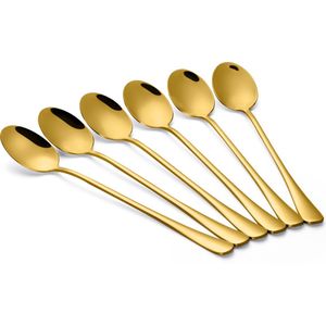 Alheco 6 lange ovale lepels – Latte macchiato – Dessertlepels set – 19,5cm – Sorbetlepels – IJslepels - Theelepels - Goud