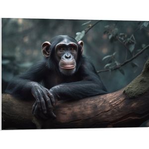 PVC Schuimplaat- Chimpansee Aap Rustend op Dikke Boomstronkk - 80x60 cm Foto op PVC Schuimplaat