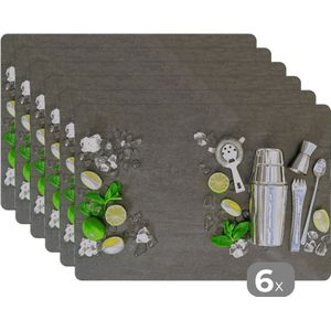 Placemat - Placemats kunststof - Cocktail shaker - IJsblokjes - Fruit - 45x30 cm - 6 stuks - Hittebestendig - Anti-Slip - Onderlegger - Afneembaar