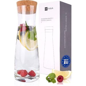 Premium glazen karaf / waterkaraf met kurkdeksel / karaf met een inhoud van 1 liter gemaakt van robuust glas / glazen karaf met deksel