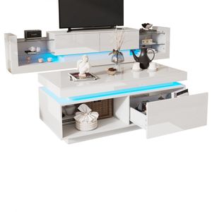 Merax Woonkamerset - TV-meubel Set Hoogglans Wit – TV Kast 181 cm en Salontafel met LED Verlichting – Moderne Woonkamermeubels – Geschikt voor TV tot 80 inch