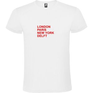 Wit T-Shirt met “ LONDON, PARIS, NEW YORK, DELFT “ Afbeelding Rood Size XS