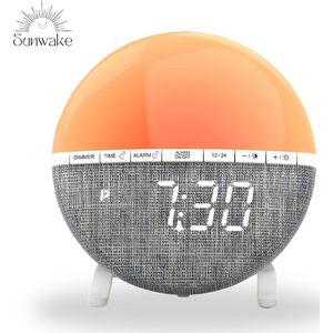 Sunwake Wake Up Light – Lichtwekker met Zonsopgang Simulatie – Wekkerradio met 10 Lichtstanden, 7 Natuurlijke Weksounds – Snoozefunctie – Meerkleurig Nachtlamp – Verbeter Je Slaap & Ochtendroutine