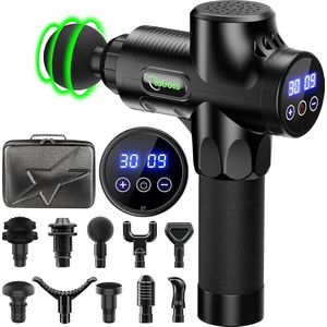Massage Gun – Incl. Koffer en 10 Opzetstukken – Massage Apparaat - 30 Snelheden - Met LCD Touch Screen en Batterij Indicator – Incl. USB-C Oplaadkabel – Draadloos – Massage Gun Professioneel – Massage Pistool – Stil 40dB - Massage - Zwart