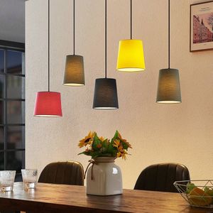 Lindby - Hanglamp - 5lichts - hout, stof, ijzer - E27 - hout natuur, rood, groen, zwart, geel