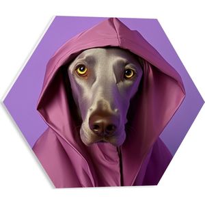 PVC Schuimplaat Hexagon - Portret van Bruine Duitse Dog Hond in Roze Regenjas - 40x34.8 cm Foto op Hexagon (Met Ophangsysteem)