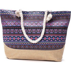 Strandtas met rits - Beach bag - Shopper - azteken print - blauw - rood - paars - zwart - 50 x 36 x 12 cm