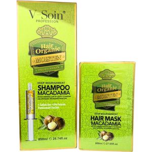 V-Soin Profession Hair Organic Set – Shampoo (850ml) + Haarmasker (800ml) + Macadamia Olie – Sulfaatvrij – Diepe Voeding & Herstel voor Droog en Beschadigd Haar
