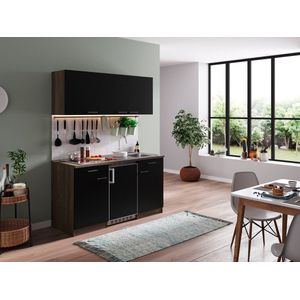 Goedkope keuken 150  cm - complete kleine keuken met apparatuur Oliver - Donker eiken/Zwart - keramische kookplaat  - koelkast  - mini keuken - compacte keuken - keukenblok met apparatuur