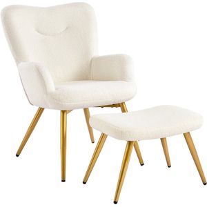 Relaxfauteuil met Voetenbank – Klapbare Rugleuning – Bouclé Stof – Oorfauteuil in Wit/Crème – Comfortabele Loungestoel met Hocker