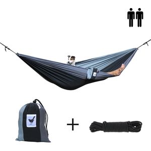 MoreThanHip - XXL (Reis)hangmat Shades of Grey - 2 Persoons - Incl. set touwen - zwart/grijs/antraciet - 180 kg draagkracht - lichtgewicht - compact