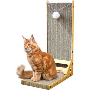 Krabplank voor katten, L-vormige krabpaal, 62 cm hoog, krabkarton voor katten met haarbal om te spelen en plastic balspeelgoed, krabplanken van hoogwaardig karton.