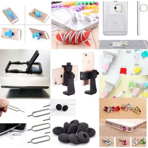 16 in 1 mobile phone accessories: Statief Mount Mobiele Telefoon Clip Houder + Stand + Vinger Ring + Snoeropwinder + zuignap + oorkussens + Simkaart pin + kabel beschermer + dust plug