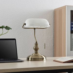 Lindby - bureaulamp - 1licht - staal, glas - H: 38 cm - E27 - brons, opaalwit