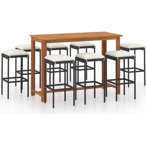 vidaXL 9-delige Tuinbarset met kussens - Zwart Tuinbarset - Acacia Hout - Zwarte Barstoelen - Buitendining - Lounge Set
