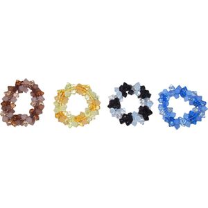 Armbanden bolletjes&diamantjes bruin-geel-zwart-blauw set van 4 stuks.