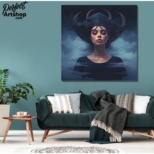 DREAM LADY: 80x80cm Aluminium. Decoratie - Modern - Blauw - Dromen - Vrouw - Wolken - Portret