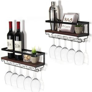 Wandgemonteerde wijnrek met glashouder set van 2 wijnglasplanken - houten vintage flessenrek - zwevende planken - aardewerk wijnrek voor eetkamer thuis bar Wijnrek