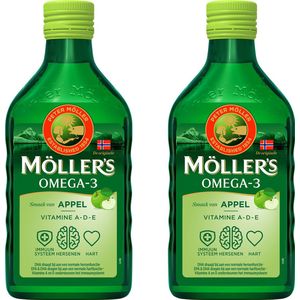 Möller’s Omega-3 Levertraan Appel - 2 x 250ml - Omega-3 visolie – Levertraan vloeibaar – Levertraan met smaak van appel