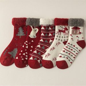 5 paar nieuwe kerstsokken, cartoon rendierhuis kerst damessokken tot de kuit, dikke fleece badstof rode sokken