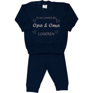 La Petite Couronne Pyjama 2-Delig ""Ik ga lekker bij opa & oma logeren"" Unisex Katoen Zwart/grijs Maat 56/62