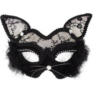 Oogmasker - Poes - Kat - Met kant & marabou - Zwart