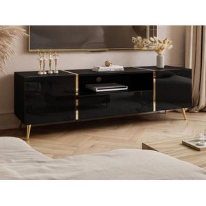 Tv-meubel met 2 deuren, 1 lade en 1 nis - Glanzend zwart en goudkleurig - MARZIALO L 158 cm x H 51.8 cm x D 41 cm