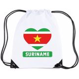 Suriname nylon rijgkoord rugzak/ sporttas wit met Surinaamse vlag in hart