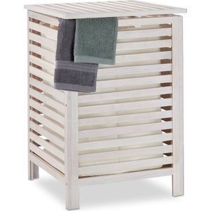 wasmand walnotenhout - met deksel - 52 l - uitneembare waszak - badkamer - wit