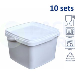10 x witte emmer vierkant met deksel - 3,5 liter met garantiesluiting - geschikt voor diepvries en vaatwasser - 100% recyclebaar