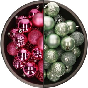 Bellatio Decorations Kerstballen mix - 74-delig - mintgroen en fuchsia - 6 cm - kunststof