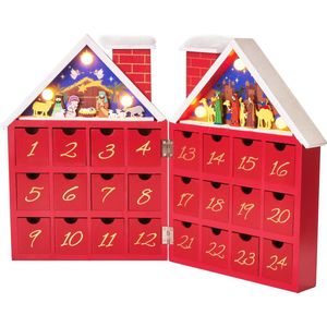 BRUBAKER Herbruikbare Houten Adventskalender om zelf te vullen - Rood Kersthuis met Kerstspel en LED-verlichting - Doe-het-zelf-kalender 21 x 9 x 30 cm