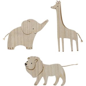Set van 3 - Wanddecoratie - Beige - Jungle Dieren - Houten Olifant Leeuw Giraffe