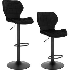 Barkruk, set van 2 in hoogte verstelbare krukken, 60-82 cm, 360 graden draaibare stoel met rugleuning, voetensteun, barstoel van fluweel, metaal, zwart