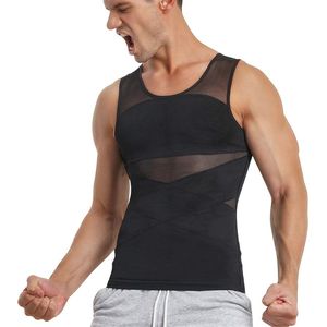 Heren Compressie-tanktop - Mouwloos Onderhemd met Buikwegsteun, Zwart, 3XL