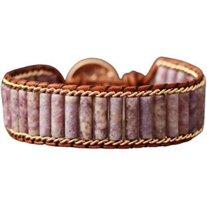 Marama - armband bruin leer roze Jaspis - roze edelstenen - damesarmband - verstelbaar - luxe armband