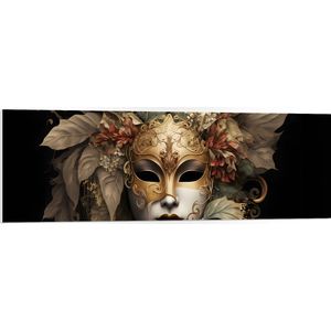 PVC Schuimplaat- Venetiaanse carnavals Masker met Gouden en Beige Details tegen Zwarte Achtergrond - 120x40 cm Foto op PVC Schuimplaat