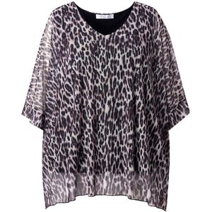 MIAMODA - Dames - Mesh blouse oversized luipaardprint ondoorzichtige jersey top - Zwart - Maat 42+