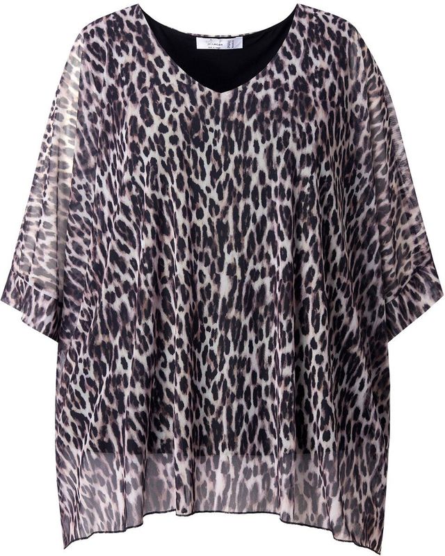 MIAMODA - Dames - Mesh blouse oversized luipaardprint ondoorzichtige jersey top - Zwart - Maat 42+