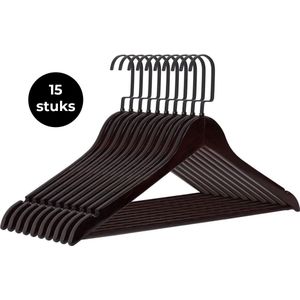 Eleganca luxe kleerhangers - Kledinghanger - 15 stuks - Behandeld hout - Multifunctionele kledinghanger - Gelakt - Met platte zwarte haak - Donker massief hout - 45 x 26 cm