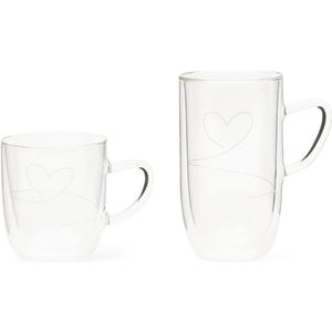 Riviera Maison Riviera Maison - Dubbelwandige Thee en koffie glazen 2-delig - With Love Double Wall Glass - 345ml en 400ml - Glas - Transparant - 12x9x10 cm