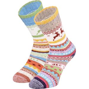 2 Paar Gebreide Wollen Sokken met Kleurrijk Patroon - Huissokken / Mix-3 / 35-38