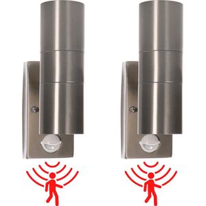RVS LED Wandlampen buiten met bewegingssensor - 2 lichts up & down - IP44 - Zilver - 2 stuks