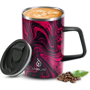 Koffiemok 470 ml (16oz), dubbelwandige vacuüm geïsoleerde roestvrijstalen koffie- en theekop met antislip handvat en schuifmoduledeksel en groot volume (rode zebra)