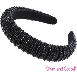 SilverAndCoco - Glitter Haarband Zwart / Dikke Hoofdband met Glitters Steentjes Black / Glamour Diadeem Diamantjes Dames / Zilveren Rhinestones Kerst Feest Oud en Nieuw Haarbanden Diamand Breed