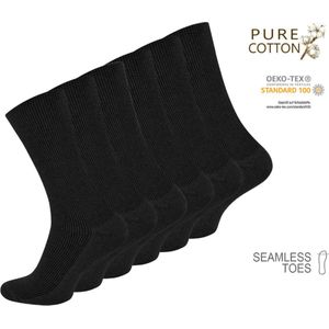 Premium 100% katoenen sokken - Rib - Naadloos - 6 Pack - Zwart - Maat 39-42