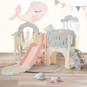 10-in-1 kinderspeeltoestel, schommel en glijbaan voor kinderen, vrijstaande glijbaan met zeedierenmotief, inclusief glijbaan, schommel, boogtunnel, basketbalring en telescoop，roze peuterglijbaan，roze