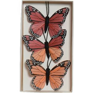 Decoris decoratie vlinders op draad - 3x - rood - 8 x 6 cm