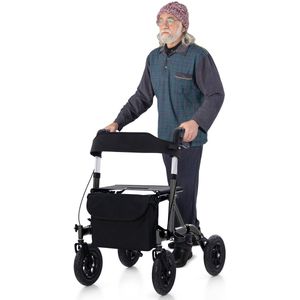 COSTWAY Rollator met luchtbanden, opvouwbaar en licht, met zitting, aluminium, tot 136 kg, 2-in-1 rolstoel & reisrollator, loophulp, 6-voudig in hoogte verstelbaar, loopwagen met tas en stokhouder